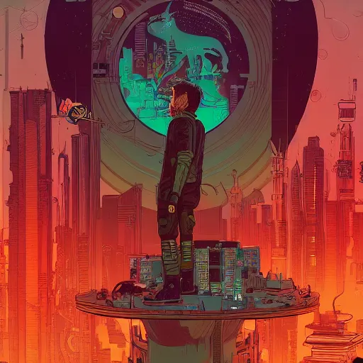 Image similar to Stunningly intricate illustration of single cyberpunk explorer overlooking lush forest, highly detailed, midnight, small glowing orbs by Josan Gonzalez and James Gilleard , Moebius, Laurie Greasley