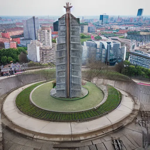 Image similar to aerial view of brutalist monument ( ( ( ( park ) ) ) ) spomenik, ( ( ( railings ) ) ), photo, 4 k