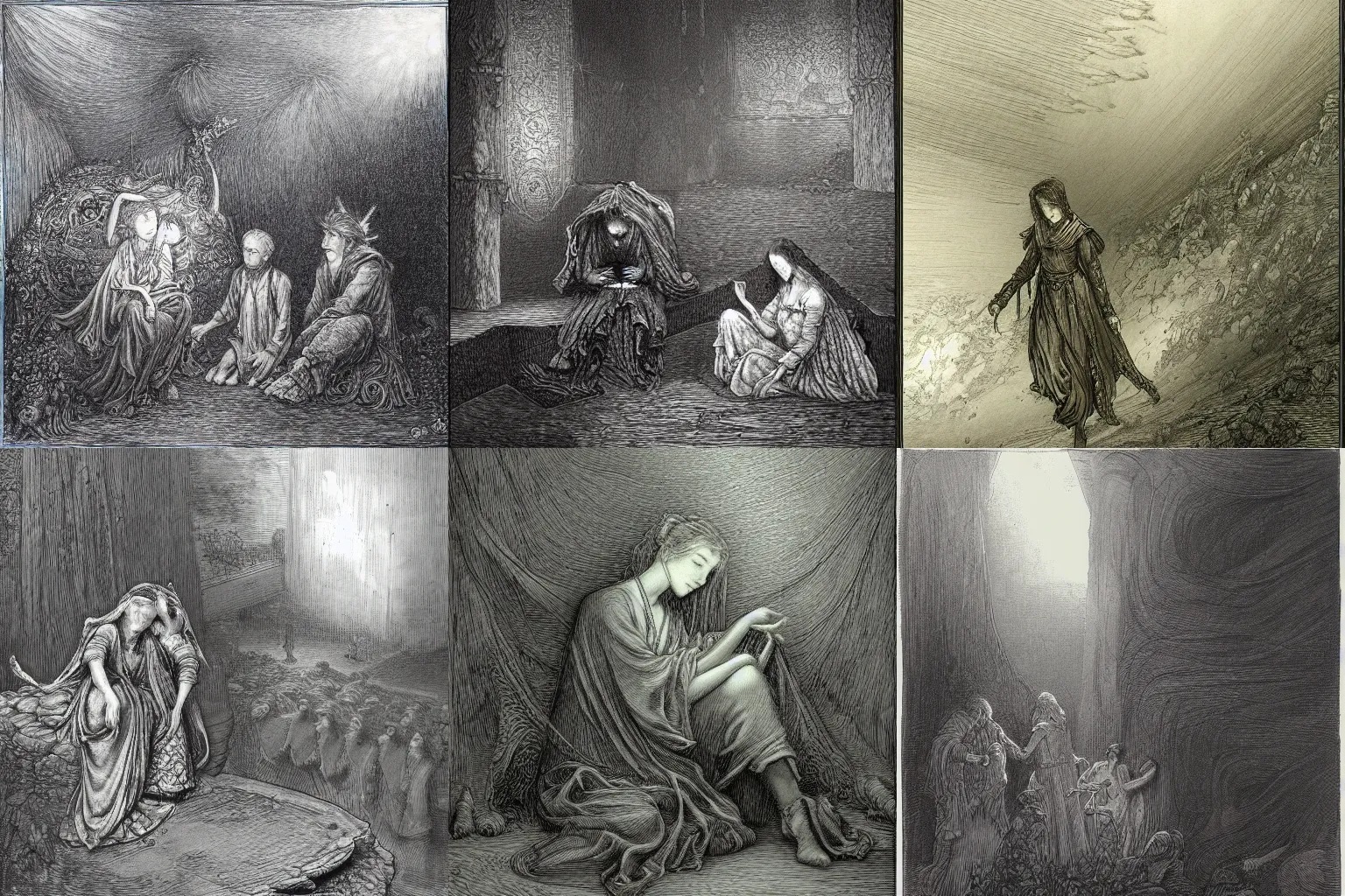 Prompt: memories of a tale forlorn by Gustave Dore in the style of Yoshitaka Amano