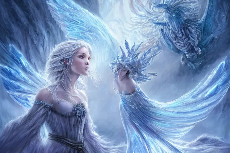 Image similar to Majestic beautiful young female ice goddess!! fighting a beautiful evil fire goddess!! intricate, epic, elegant, menacing, fantasy, highly detailed, digital painting, hard focus, beautiful volumetric lighting, epic light, ultra detailed, souls, smoke, icicle, frozen by Leesha Hannigan, Ross Tran, Thierry Doizon, Kai Carpenter, Ignacio Fernández Ríos