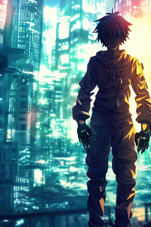 Image similar to beautiful anime man in a cyberpunk environment, sunset, very accurate and detailed, 8k