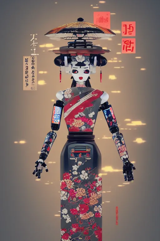 Image similar to full body portrait of a Japanese robot geisha with kanji tattoos and decals wearing a digital pixelated kimono, intricate design, photorealistic, octane render, raytraced, ultra fine detailed, character design, trending on artstation