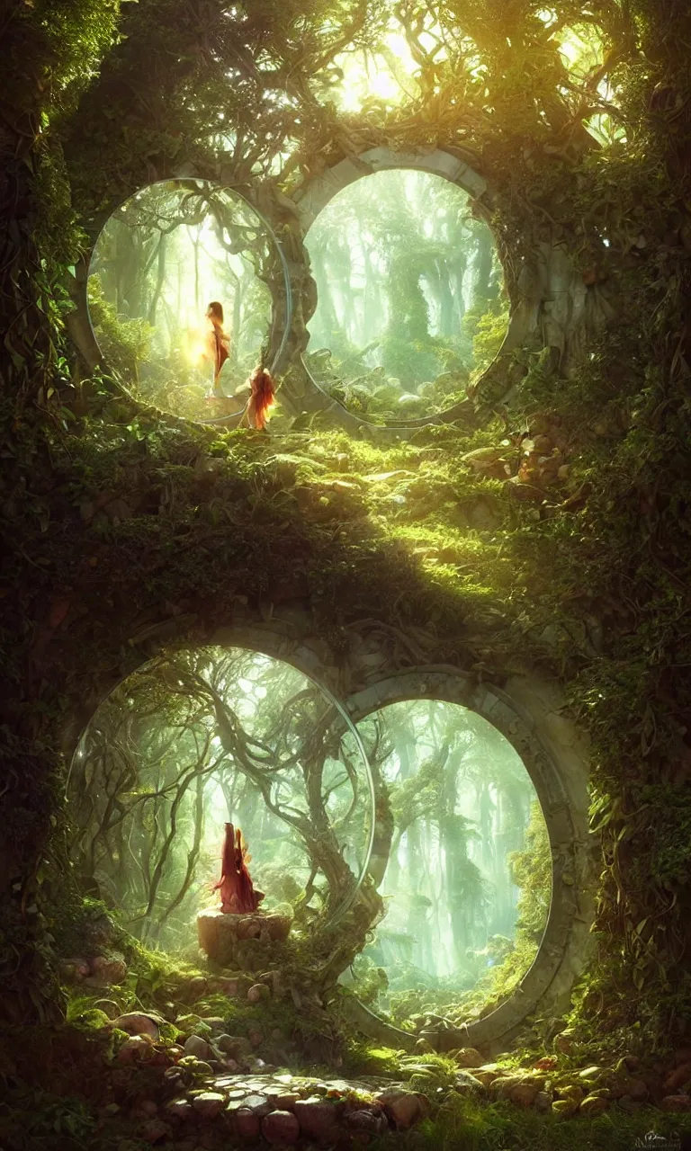 Image similar to Fantasy Magical fairy-tale portal in the forest. Round stone portal teleport in trees to other worlds. Fantastic landscape. Magic Altar in the fores, highly detailed, digital painting, artstation, concept art, smooth, sharp focus, illustration, art by artgerm and greg rutkowski and alphonse mucha