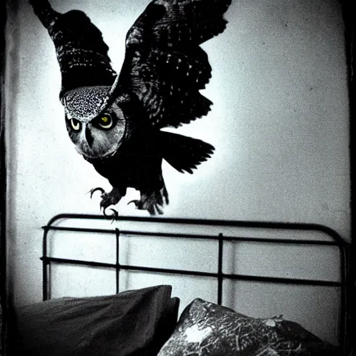 Prompt: disturbing paranormal polaroid of a singular gigant owl perched on the bed headboard, his looking at the camara with menacing eyes, creepy atmosphere