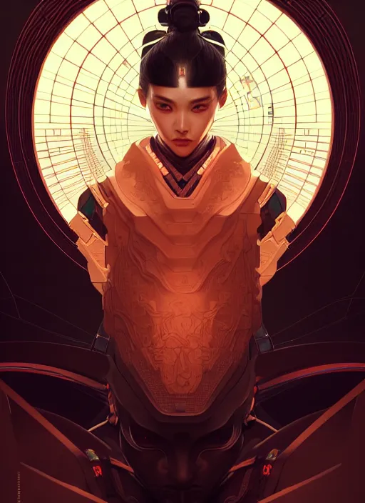 Image similar to symmetry!! portrait of futuristic samurai, sci - fi, tech wear, intricate, elegant, highly detailed, digital painting, artstation, cinematic lighting, concept art, smooth, sharp focus, illustration, art by artgerm and greg rutkowski and alphonse mucha, 8 k