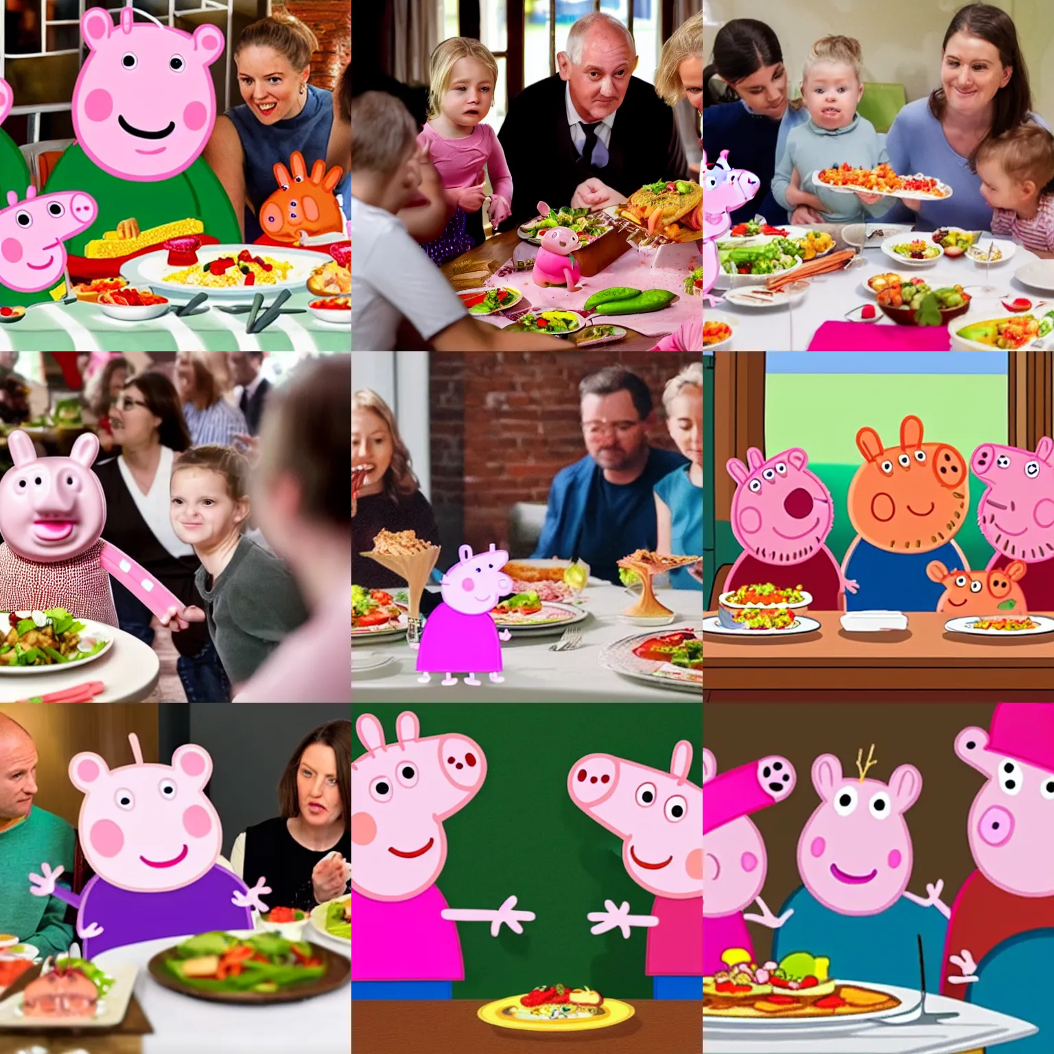 Prompt: people looking how the head of peppa pig is being served as food at a dinner table
