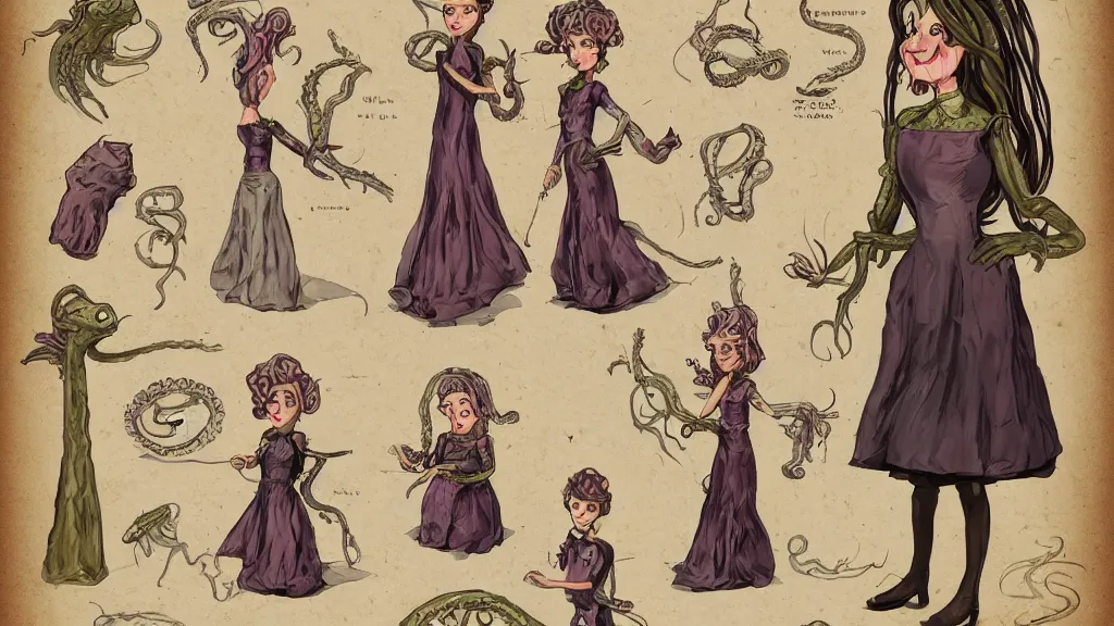 Image similar to aged paper, colorful character sheet for a stocky alien extraterrestrial victorian female servant maid with thick snake - like tentacles instead of hair, long dress with apron, jim henson creature shop, coherent, illustration, digital art, trending on artstation, hd, 8 k, good lighting, beautiful, rough paper, masterpiece