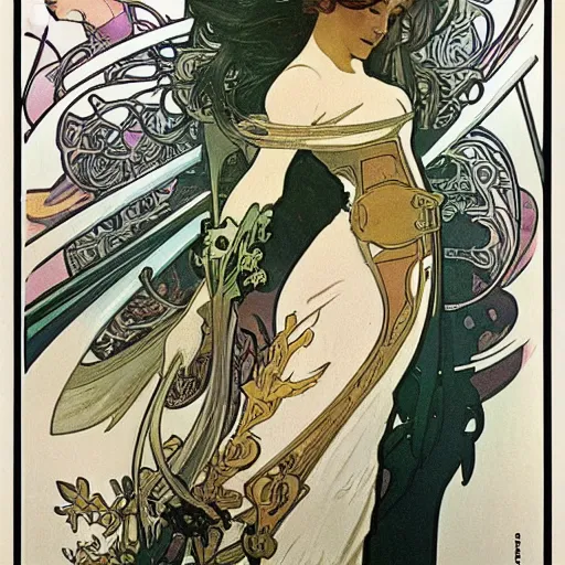 Prompt: Advertising for futuristic car by Alphonse Mucha
