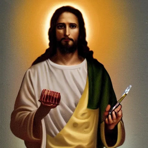 Image similar to studio photo of jesus using a medical bong, studio portrait