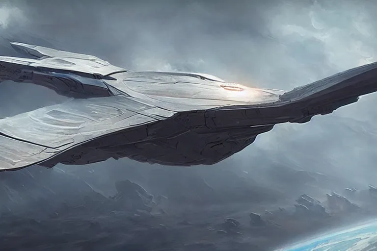 Image similar to hyper realistic sci - fi matte concept art painting of a starship above earth, beautiful details, strong composition painted by kim jung guweta studio rutkowski, james gurney and greg rutkowski, and lucasfilm, smooth, intricate, detailed, sharp focus, cinematic