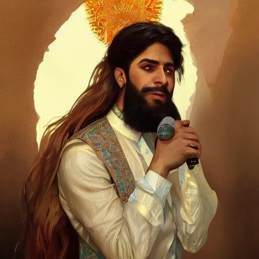 Image similar to portrait of kurdish singer adnan karim, highly detailed, digital painting, artstation, concept art, sharp focus, illustration, art by art germ and greg rutkowski and alphonse mucha