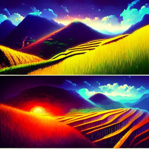 Image similar to beautiful scenery of rice terraces, by anato finnstark, by alena aenami, by john harris, by ross tran, by wlop, by andreas rocha