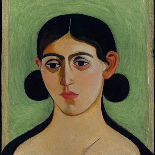 Image similar to A beautiful print. She looks up at me, up and down. She has short-cropped hair, and a scar on her left cheekbone: just a line of black against her deep tan, precise and geometrical. Her eyes are pale green. by Paula Modersohn-Becker swirling, composed