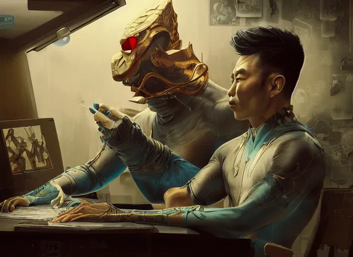 Prompt: an insanely detailed and realistic painting of an asian man wearing a homemade superhero costume, sitting at a desk, staring seriously at the computer and typing, in the style of peter mohrbacher, james jean, artgerm, dramatic lighting and composition, surreal background, octane render, pixar, trending on artstation, concept art, comic book, 8 k