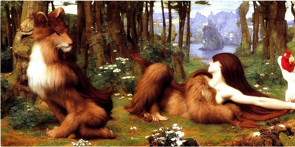 Image similar to 3 d precious moments plush mythological animal, realistic fur, mythology, daily life, master painter and art style of john william waterhouse and caspar david friedrich and philipp otto runge