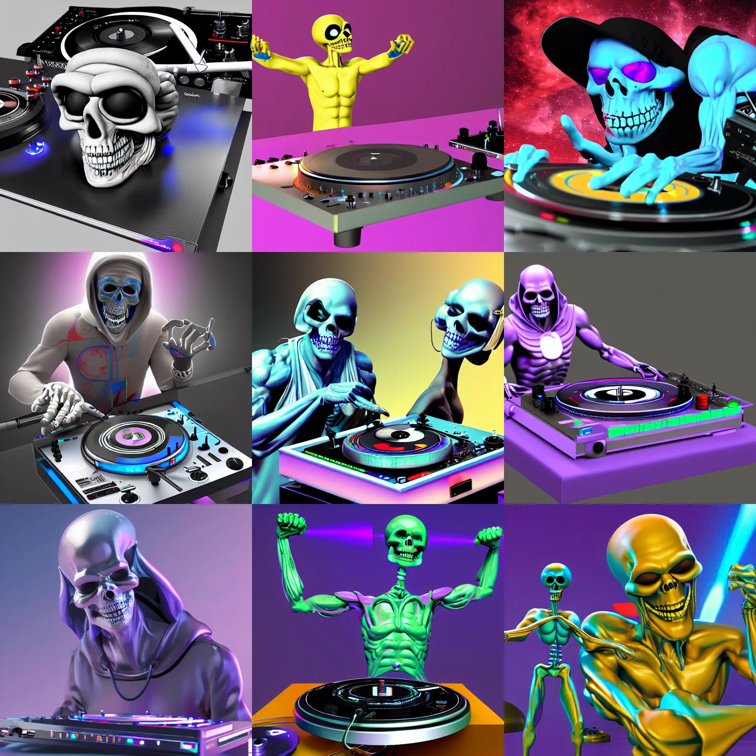 Prompt: 3d rendered skeletor DJing with DJ turntables, unreal, artstation