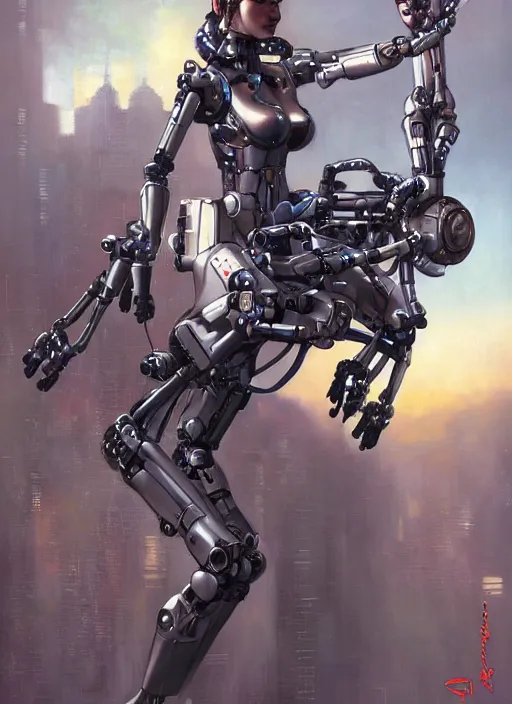 Image similar to An epic fantastic realism graphic novel cover style painting of a beautiful girl, riding on the shoulders, of a robot with four arms, robotics, short pigtails hair, cyberpunk, Concept world Art, ultrarealistic, hyperrealistic, dynamic lighting by Hajime Sorayama