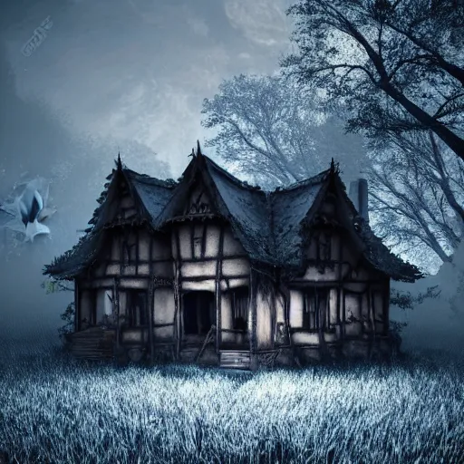 Prompt: village horror house in forest darkness dark unreal render fog highly detailed