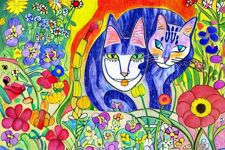 Image similar to cat playing in a garden of flowers, a mix media painting by laurel burch and Leonardo da Vinci and Natalia Goncharova, cluttered , child's drawing, art by Studio Ghibli, anime, thick black lineart