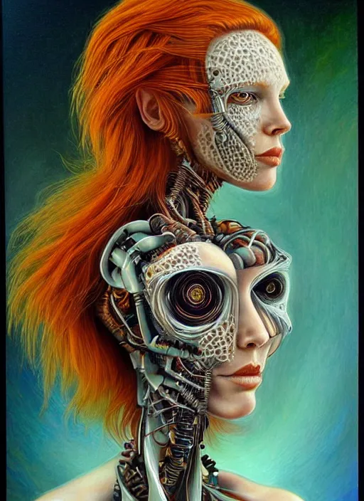 Image similar to biopunk ethereal ginger cyborg portrait by julie bell, intricate biopunk patterns, detailed!, very sharp!!!