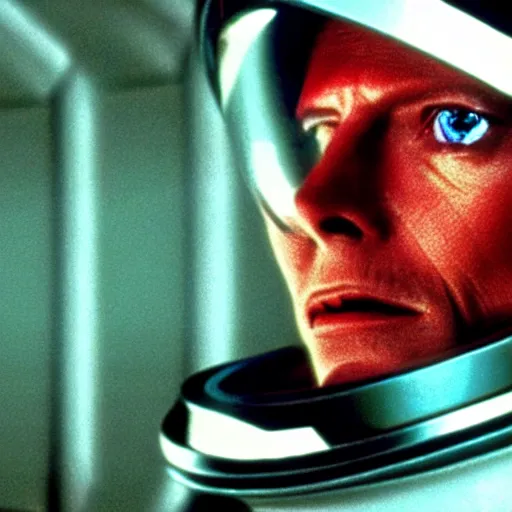 Image similar to film still of David Bowie as David Bowman in 2001 a space odyssey, 4k