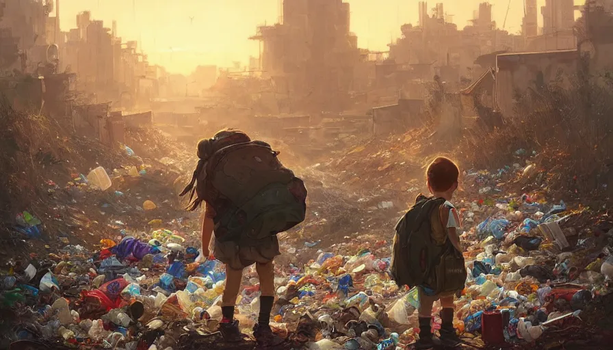 Image similar to poor detailed child with backpack looking for food at garbage dump, city is pure wasteland, sunset in background, greg rutkowski, alphonse mucha, trending on artstation, artgerm, breathtaking, award winning, highly detailed 4 k art