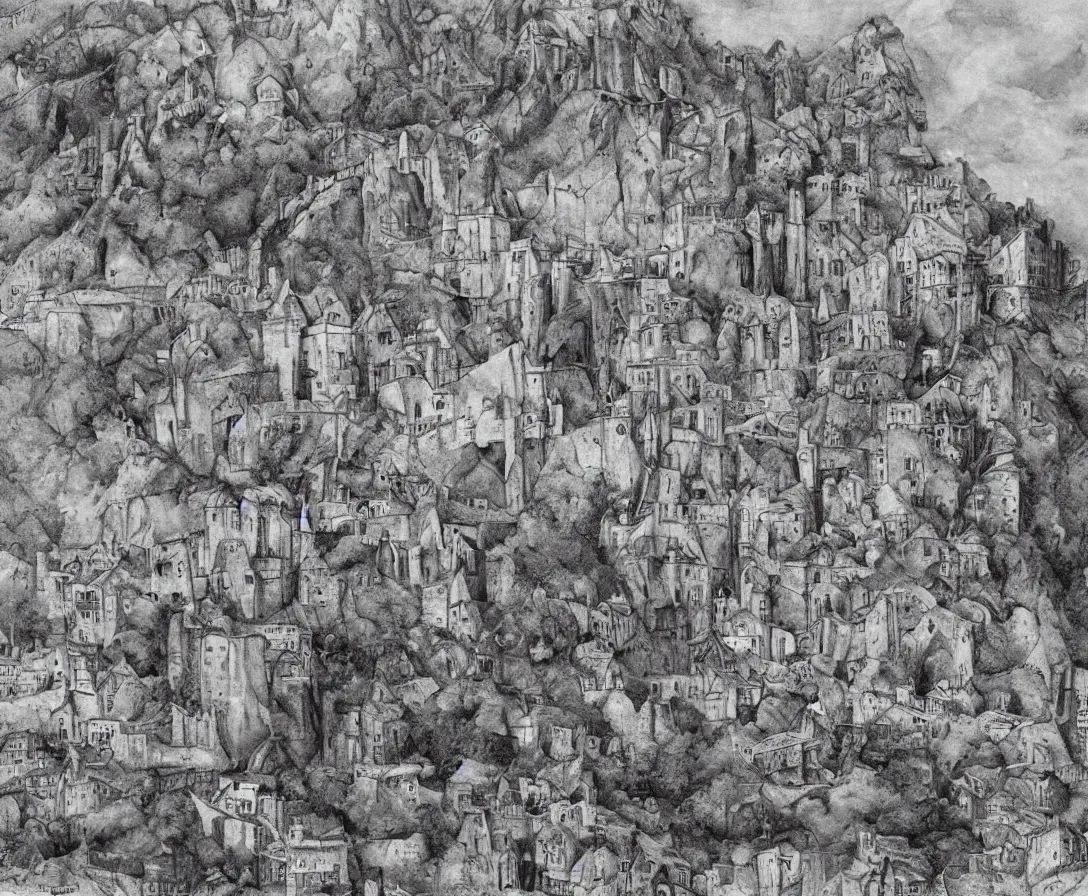 Image similar to A vast empty flat valley surrounded by Transylvanian mountains. A huge metal zeppelin in the sky among colorful clouds. The ruins of a medieval castle on the hillside in the background. No villages or buildings. Late warm evening light in the summer, gloomy weather. High quality, pencil drawing by M.C. Escher.