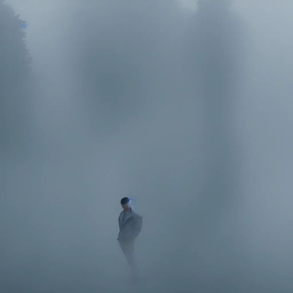 Prompt: dude in misty environment with shades of blue,