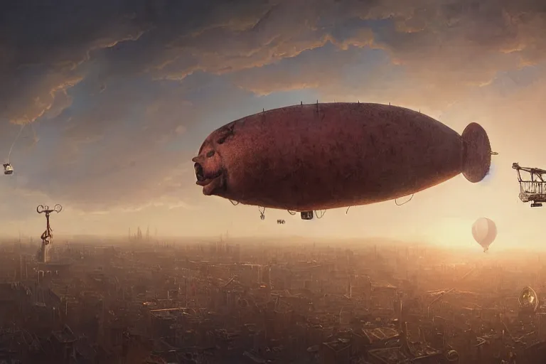 Prompt: a pig-blimp, pig head, steampunk, digital art, extremely detailed, flying over a city, greg rutkowski, cinematic