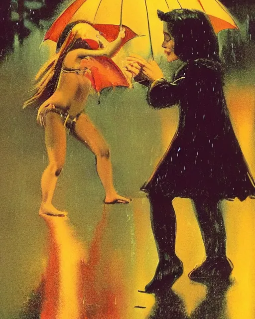 Image similar to a kodachrome photo of a girl meeting the devil in the rain at night, 1 9 7 0 s, seventies, wallpaper, delicate embellishments, painterly, offset printing technique, by brom, robert henri, walter popp