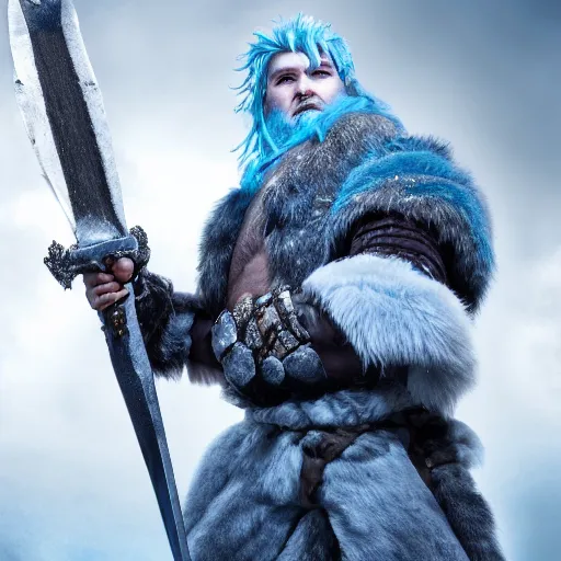 Image similar to a dnd barbarian half frost giant with pale blue skin wearing a fur coat, shoulder armor and holding an axe, high resolution film still, 4k, HDR color