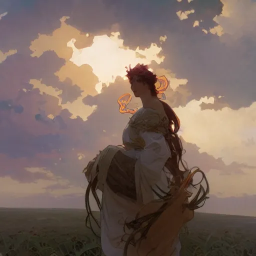 Prompt: Concept art, Clouds at dusk, 8k, alphonse mucha, james gurney, greg rutkowski, john howe, artstation