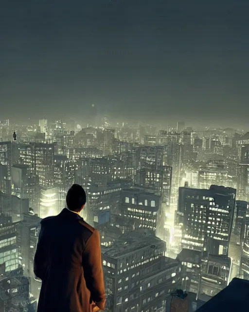 Image similar to a night rooftop scene, close up shot of a photorealistic gangster wearing a trench coat looking at the city below, unreal engine