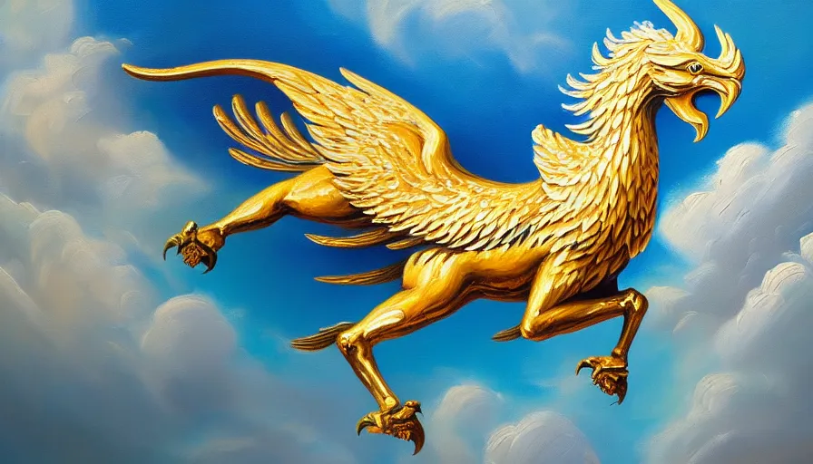 Image similar to highly detailed oil painting of a majestic griffin in flight, thick paint and visible brush strokes, 4 k resolution