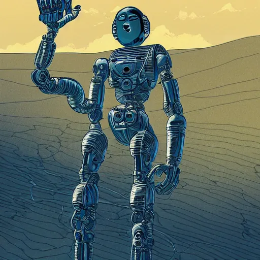 Image similar to robotic a man in desert finding a beautiful crystal, Industrial Scifi, detailed illustration, character portrait, by Martin Grip and Moebius