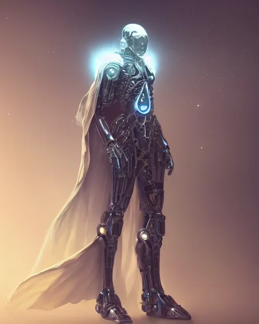 Image similar to benevolent cyborg necromancer, scifi, futuristic, elegant cape, helpful, kind, intelligent, alien room background, white, blue, gold, highly detailed, trending on artstation, soft light, holy machine, advanced technology, art by vitaly bulgarov and nivanh chanthara