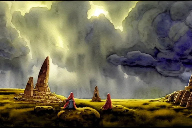 Image similar to a hyperrealist watercolor concept art of a giant ufo in the sky above gobekli tepe during a thunderstorm. a medieval child in grey robes is in the foreground. very muted colors, by rebecca guay, michael kaluta, charles vess. high detail, hq, wide shot, 4 k