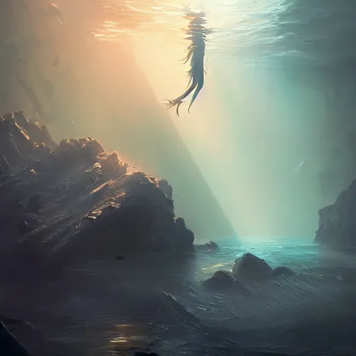 Image similar to falling into the deep, god rays, drowning, artstation, 4k, by greg rutkowski,