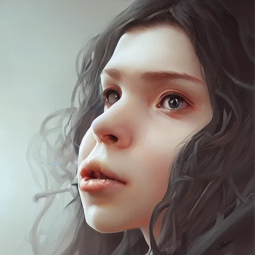 Image similar to squid games a mouth a bit open, two eyes half closed and half a smile on her soul makes a beautiful portrait on the wall. by artgerm, alina ivanchenko, ruan jia and mandy jurgens