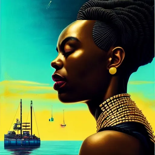 Image similar to portrait of a black woman :: side profile :: blood :: background sea :: intricate details in gold :: oxygen implant :: 8k :: simon stalenhag and Sandra Chevrier