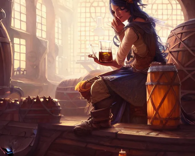 Image similar to bard in a brewery wearing informal clothing, deep focus, d & d, fantasy, intricate, elegant, highly detailed, digital painting, artstation, concept art, matte, sharp focus, illustration, hearthstone, art by artgerm and greg rutkowski and alphonse mucha