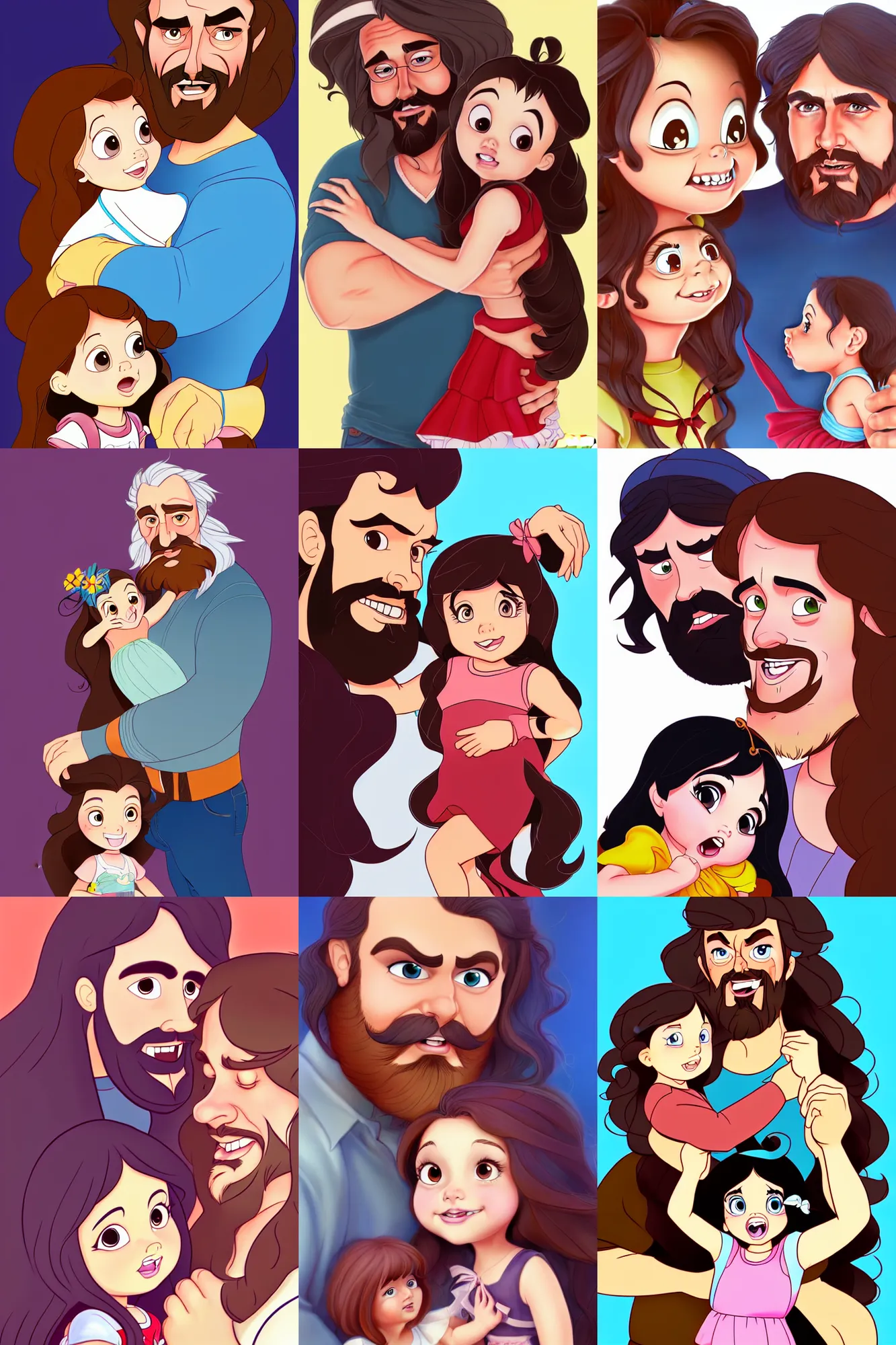 Prompt: a long - haired bearded father and his cartoonish brunette child toddler girl full color digital illustration in the style of don bluth, artgerm, artstation trending, 4 k