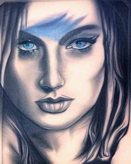 Image similar to tattoo design sketch of a beautiful blue - eyed woman face with a faded background of beautiful mountains on her side, hyper - realistic, in the style of den yakovlev, amazing detail, black and white