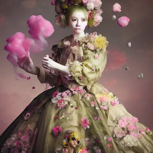 Image similar to 8 k, octane render, realism, tonalism, renaissance, rococo, baroque, portrait of a young - lady wearing long - harajuku manga - dress with flowers!!! and skulls, background - chaotic gold leaf flowers, cotton candy!!!!