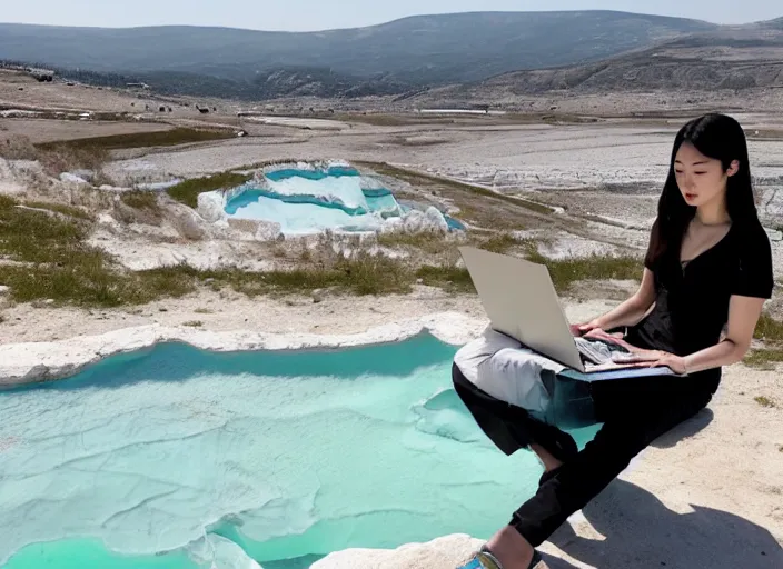 Prompt: Lee Jin-Eun hacking a laptop at Pamukkale by Vincent Di Fate, rule of thirds, seductive look, beautiful, masterpiece, Refined