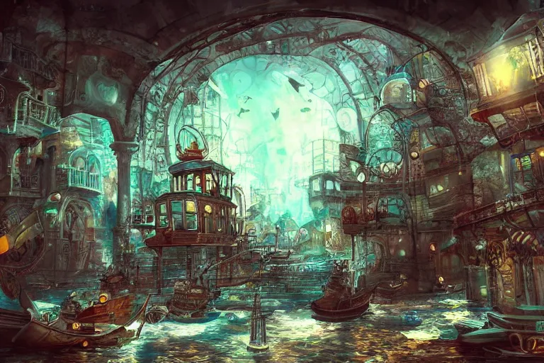 Image similar to a steampunk istanbul, underwater, digital painting, mixed media, trending on artstation and deviantart, epic composition, highly detailed, 8 k