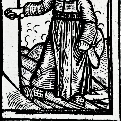 Prompt: medieval woodcut of peasant in huge stylish sneakers