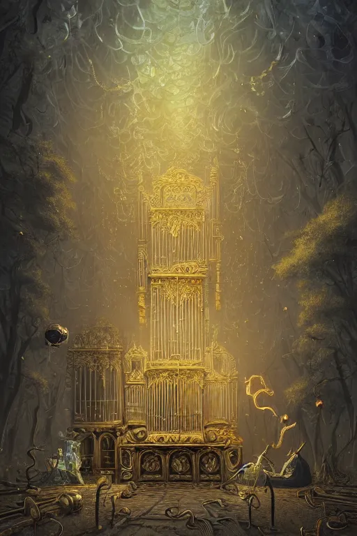 Image similar to illustration of close low angle view of an ornate obsidian gothic pipe organ with gold spidery embellishments, night, smoke, ground fog, by peter mohrbacher, by alex andreev, by jacek yerka, by alan lee, large depth of field, super detailed, digital art, trending on artstation, ornate