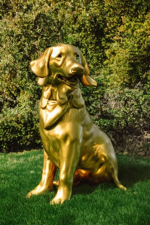 Image similar to a huge golden statue of a dog smiling, photography