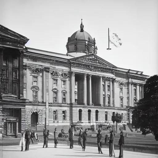 Prompt: photograph 1940’s Berlin chancellery with space ship flying overhead